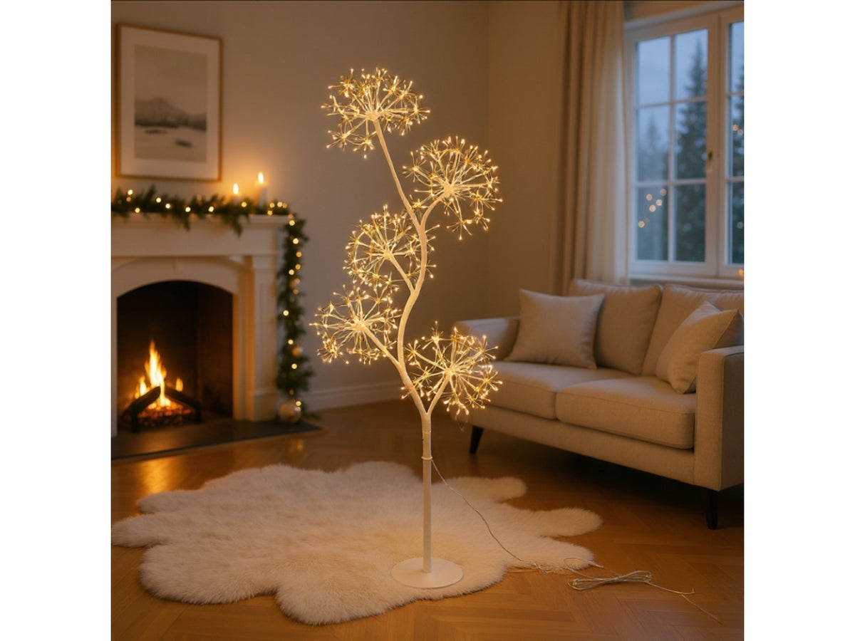 Albero 120cm ramo bianco con 5 sfere a ciuffi diametro 20cm 1200microled bianco caldo e giochi di luce flashled diamond per uso interno/esterno IP44