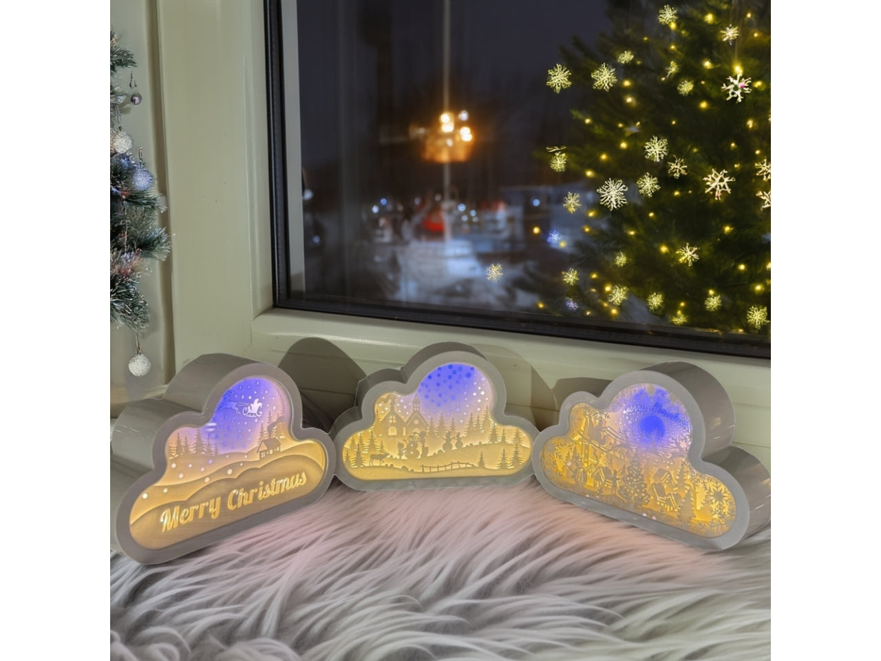 Decorazione luminosa nuvola 20cm con led bianco caldo e blu, luce fissa a batteria, modelli assortiti