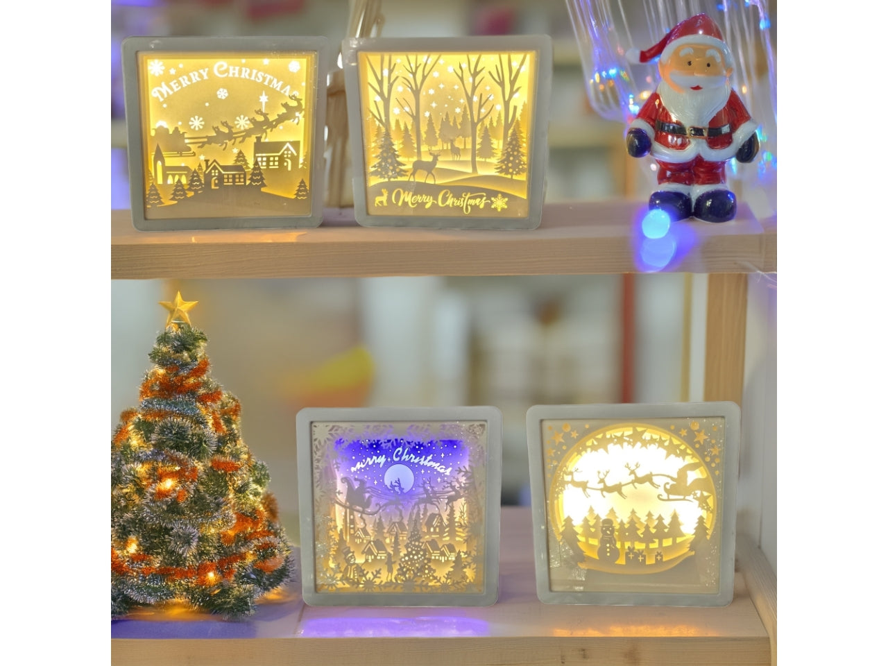 Decorazione paesaggio luminoso 16x16cm con led bianco caldo e blu, luce fissa a batteria, modelli assortiti