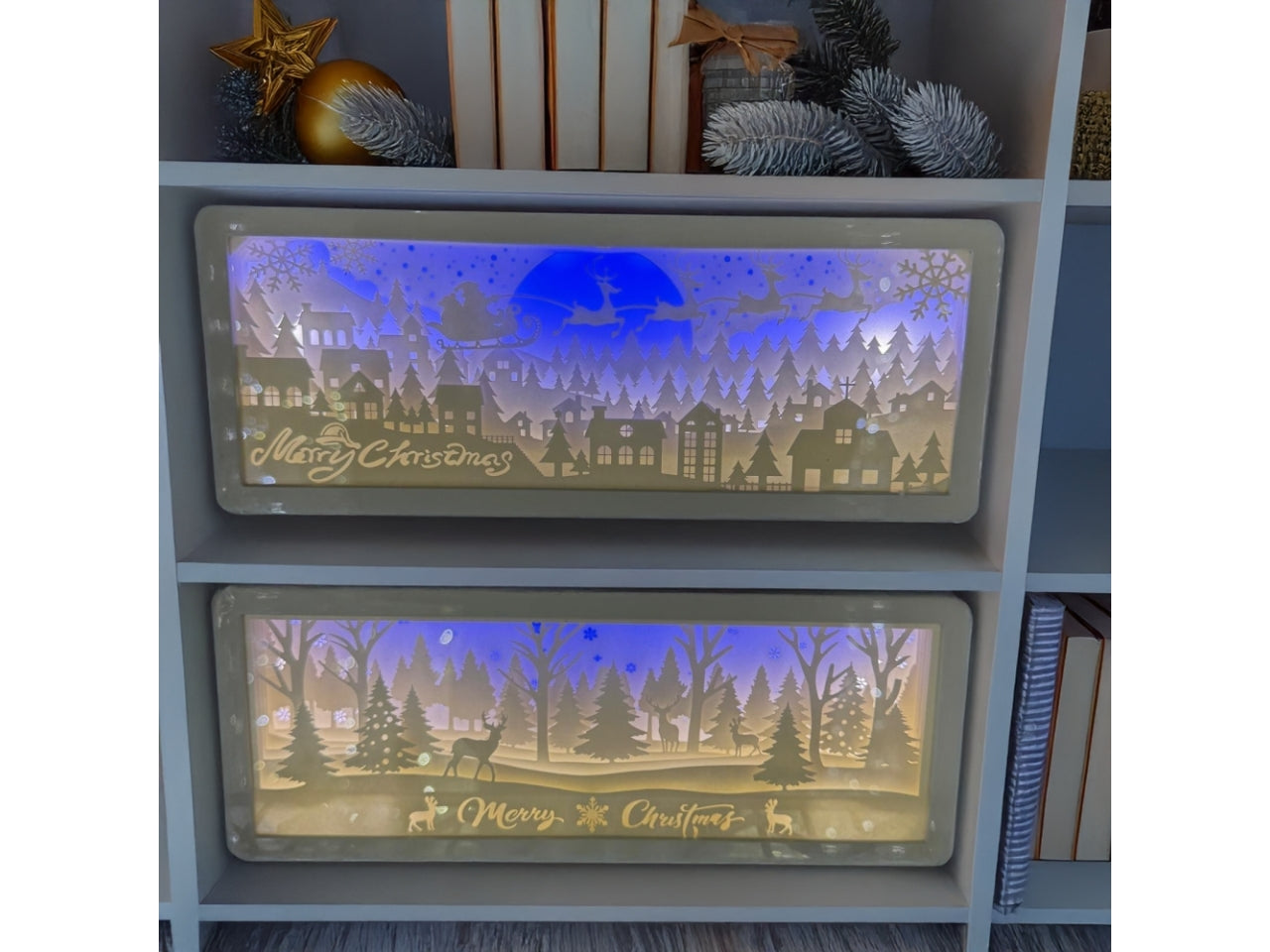 Decorazione paesaggio luminoso 16x10cm con led bianco caldo e blu, luce fissa a batteria, modelli assortiti