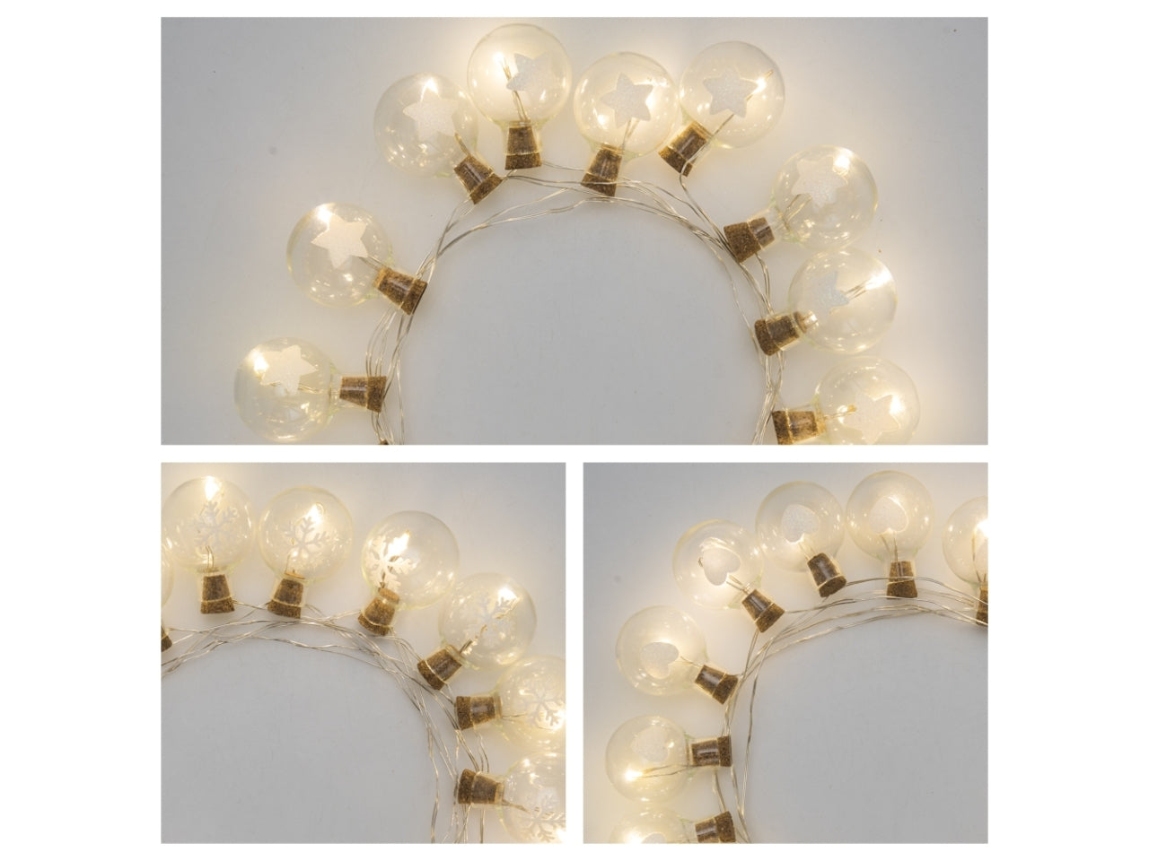 Catena luminosa con 15 palle in vetro 2,5cm bianco caldo, cavo trasparente 150cm a batteria, decori assortiti