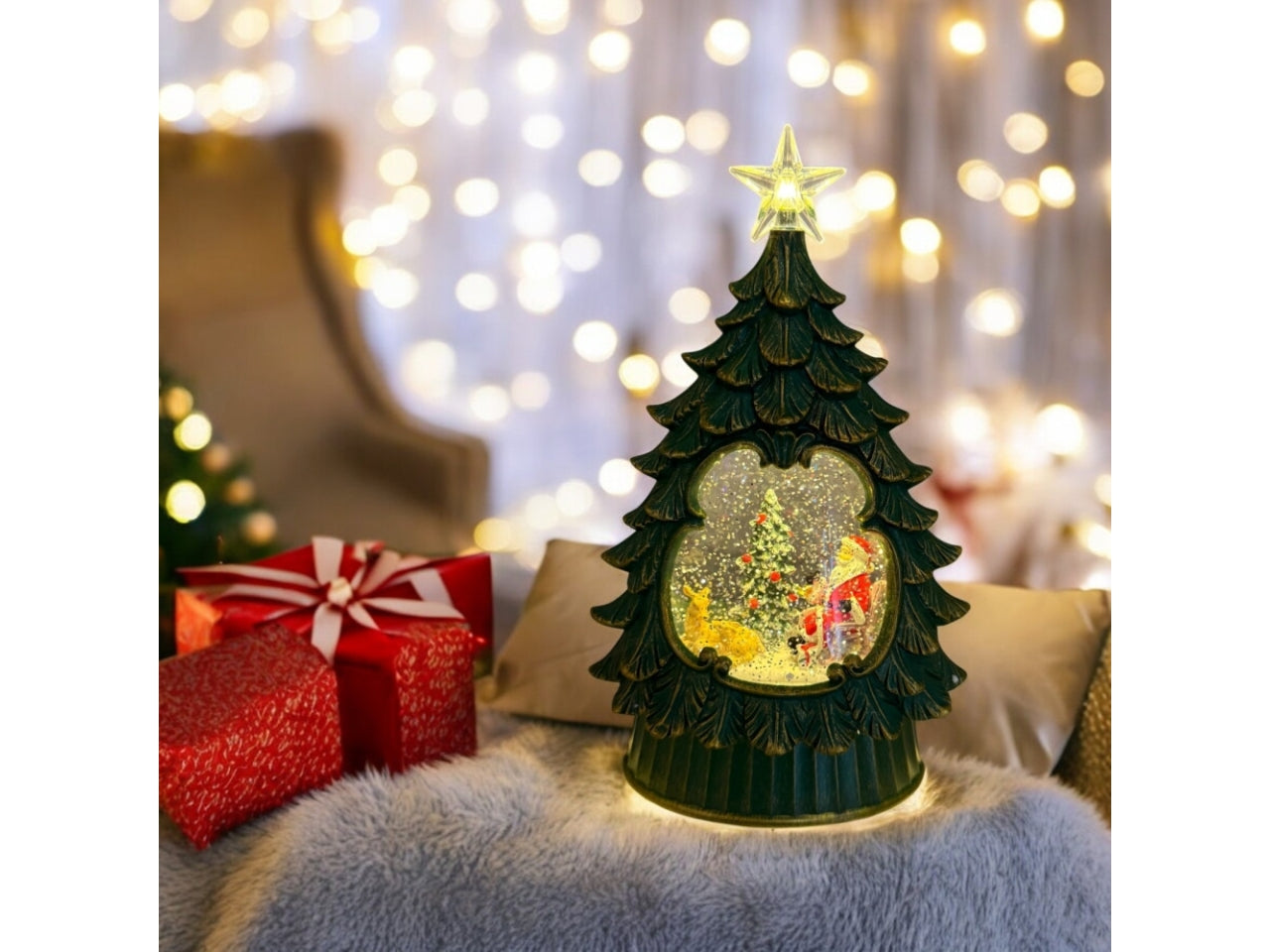 Albero ampolla con babbo natale 26cm, luce led bianco caldo e musica a batteria