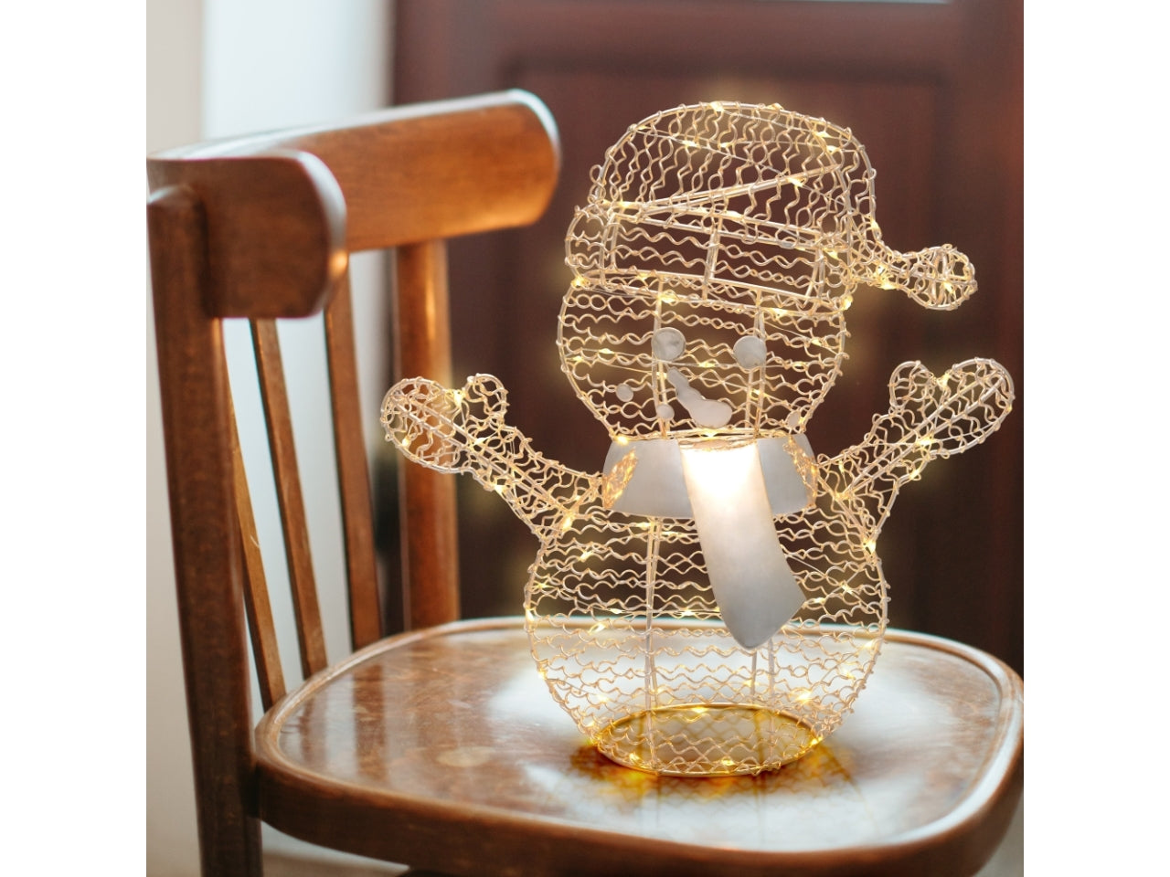 Pupazzo di neve 27cm champagne con 80microled bianco caldo a batteria con telecomando