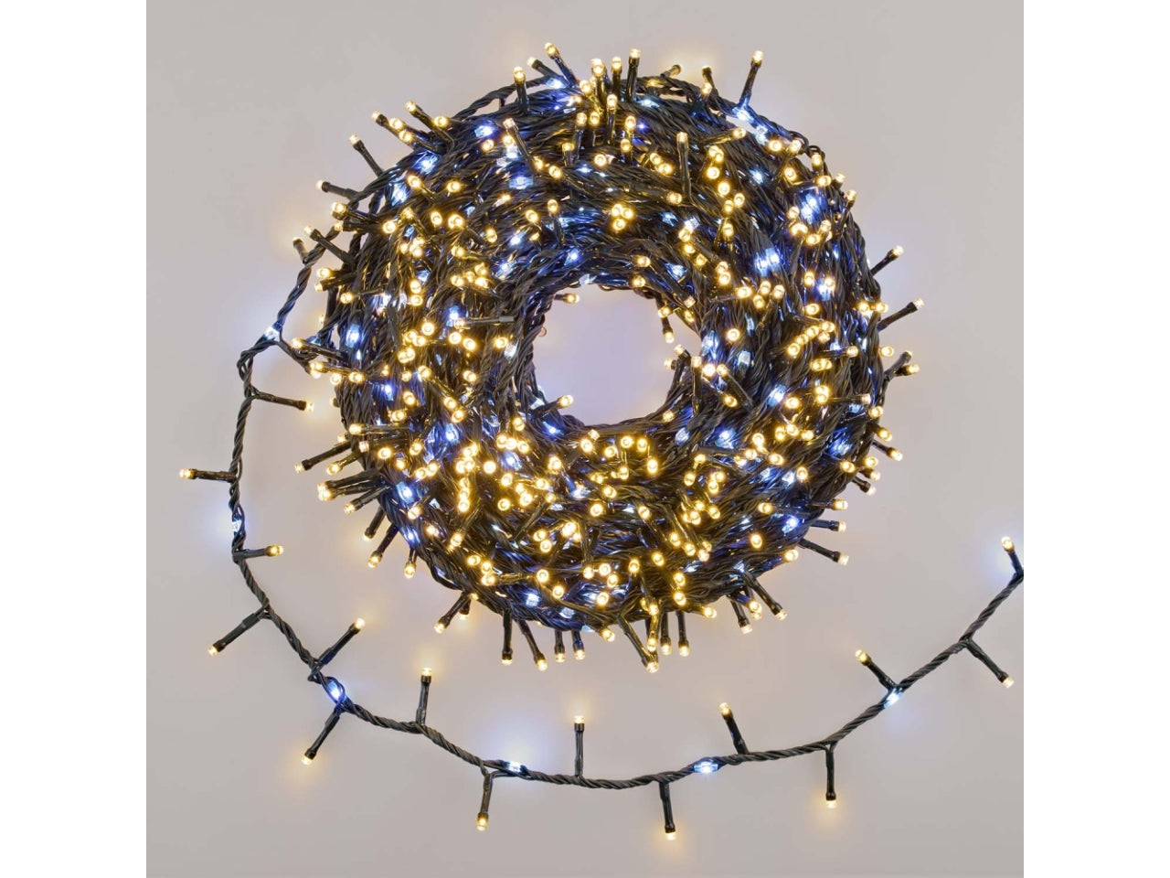 Catena minicluster 1660led bianco caldo e gioco luce rincorrente bianco freddo, cavo verde 4+30mt per uso interno/esterno IP44