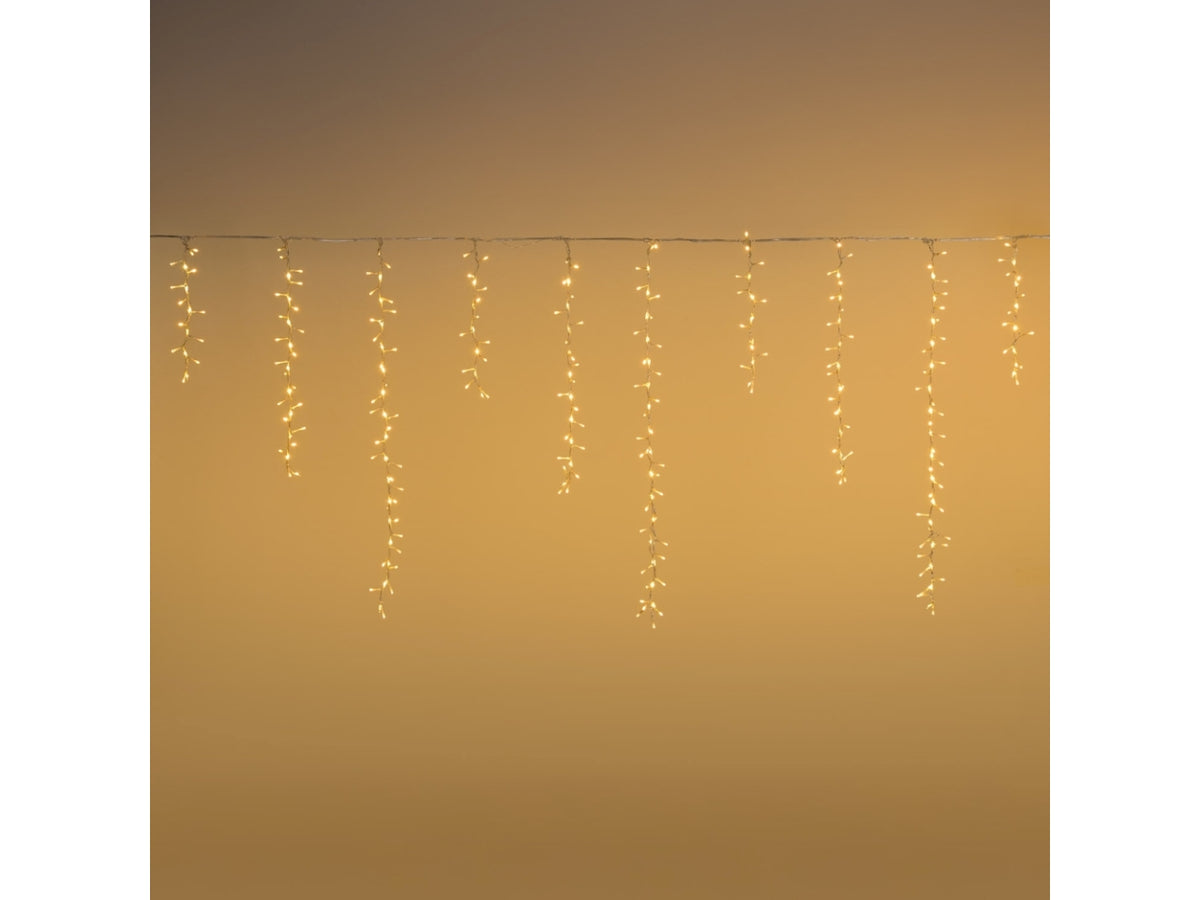 Tenda cluster 340x80cm 576 led bianco caldo e gioco di luce rincorrente bianco caldo, cavo trasparente per uso interno/esterno IP44