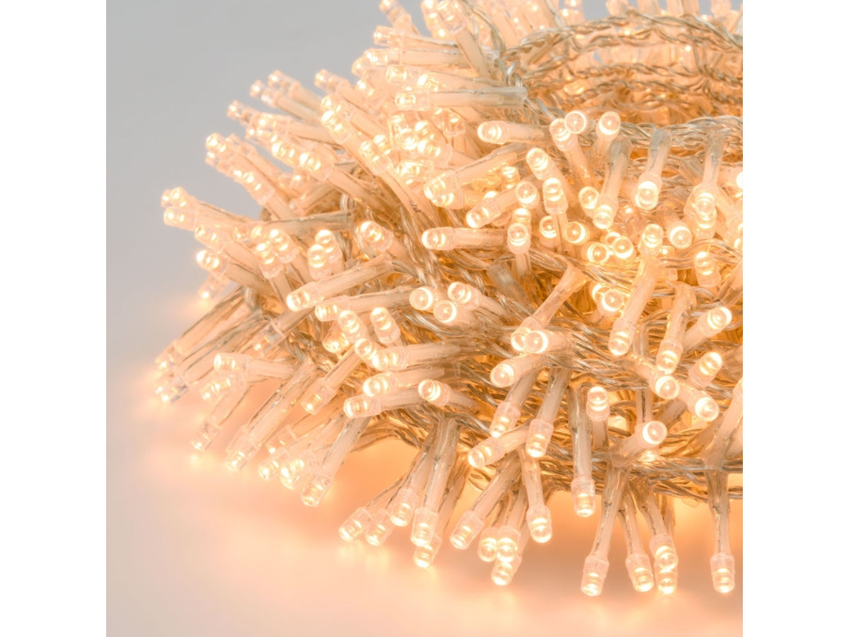 Catena 720led bianco caldo con 8 giochi di luce, filo trasparente 4+14,9mt uso interno/esterno per alberi da 180-210cm