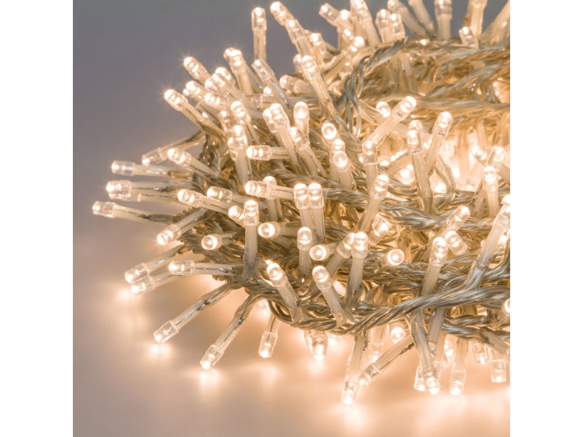 Catena 720led bianco caldo con 8 giochi di luce, filo trasparente 4+14,9mt uso interno/esterno per alberi da 180-210cm