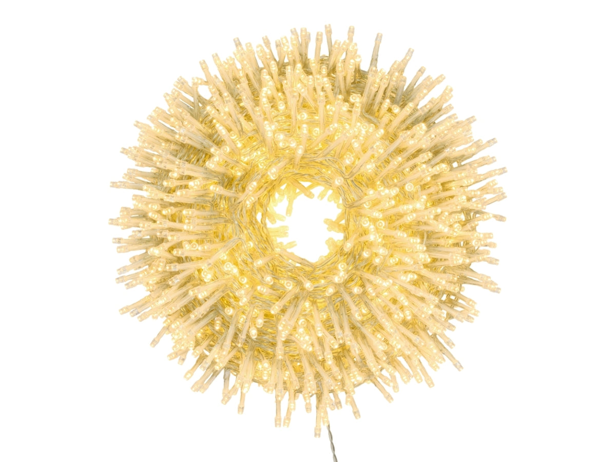 Catena 1500led bianco caldo con 8 giochi di luce, filo trasparente 4+30,5mt uso interno/esterno per alberi da 240-300cm