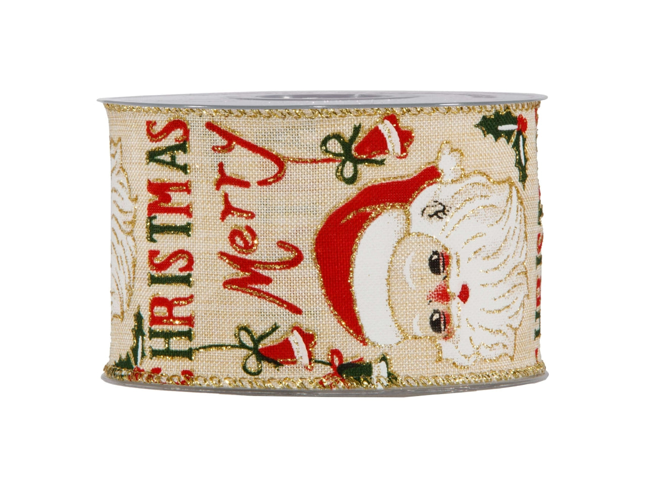 Nastro in tela crema con scritta merry christmas e faccia di babbo natale 6,3cmx10mt e bordo animato