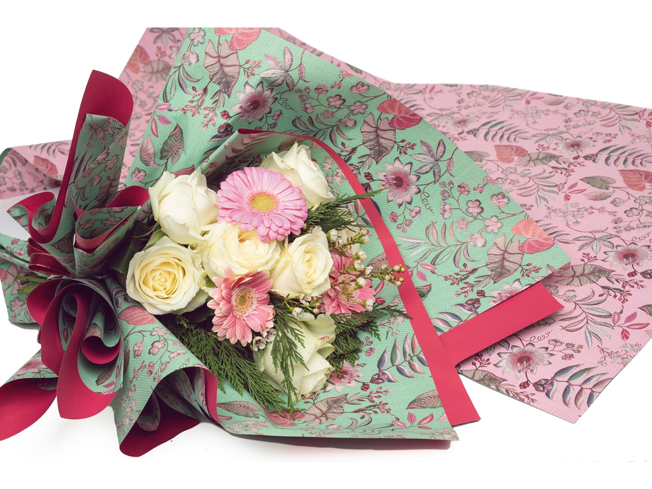 Bobina textile fiorata double face 40my 1x25mt panna/oro