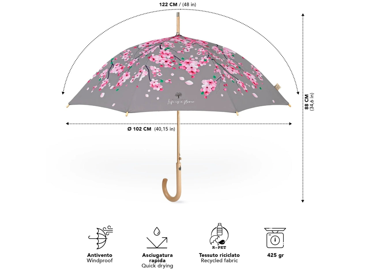 Ombrello donna 61cm automatico con stampa fiore di pesco