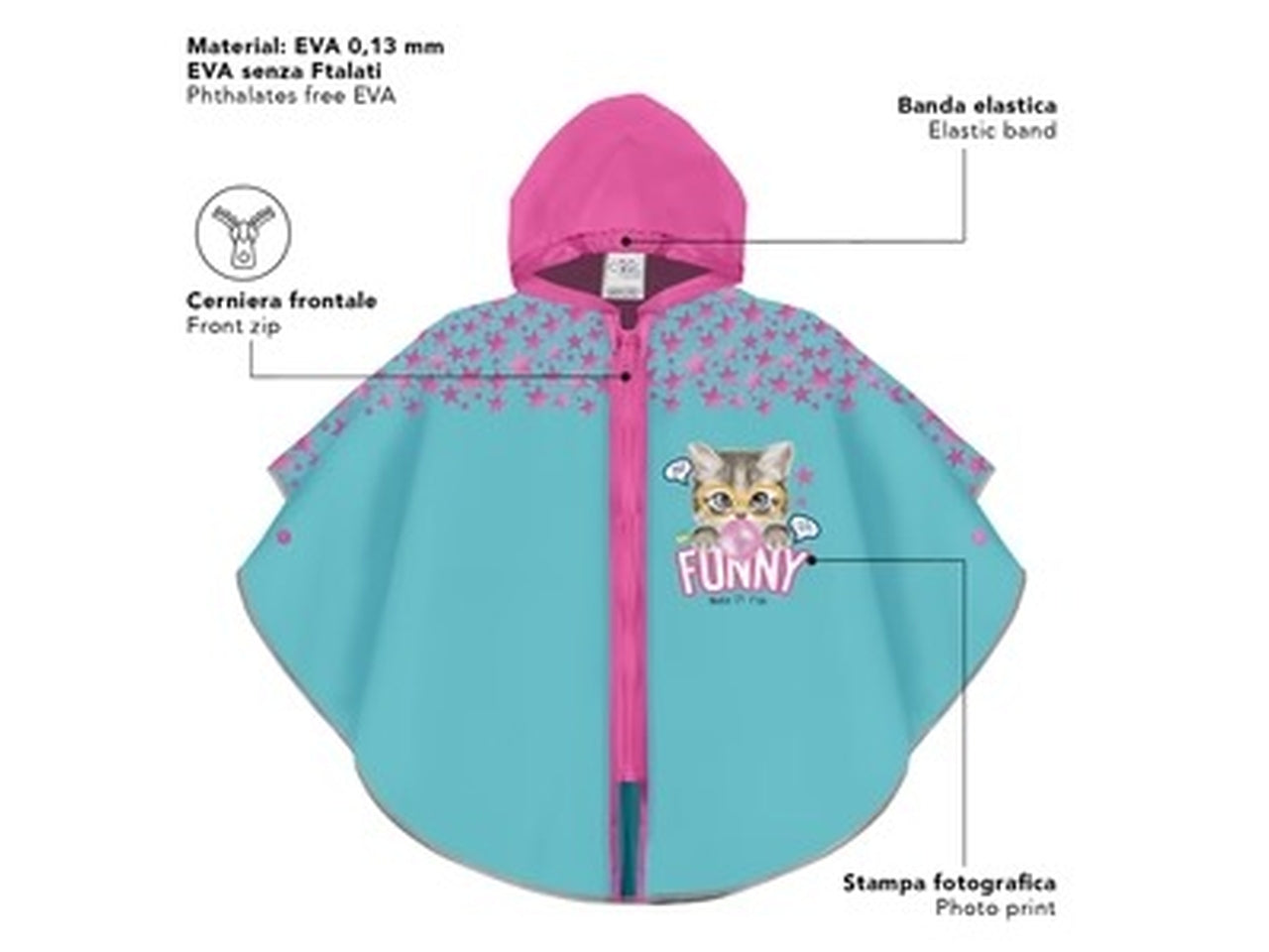 Poncho  kids pioggia  Funny cat zip+brd kids di colore azzurro