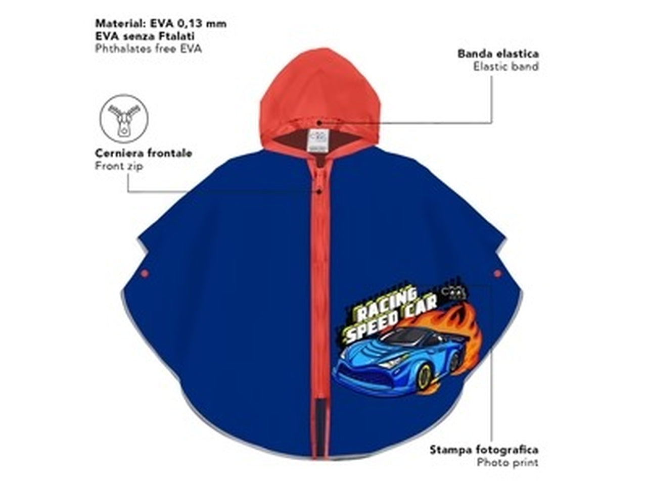 Poncho  kids pioggia Racing car zip+brd kids di colore blu