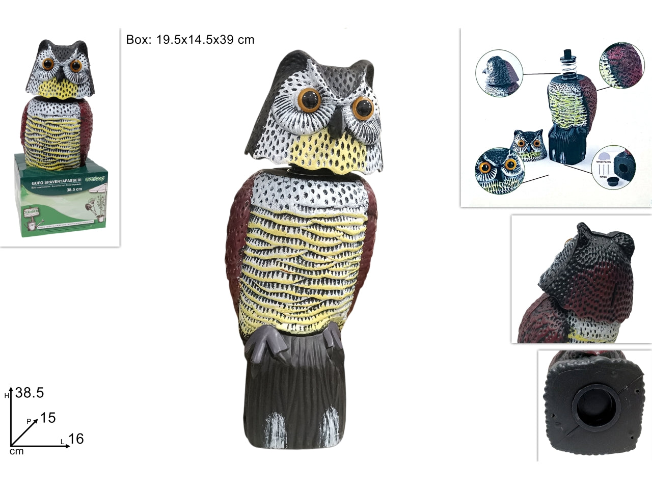 Gufo spaventapasseri 38,5cm testa rotante