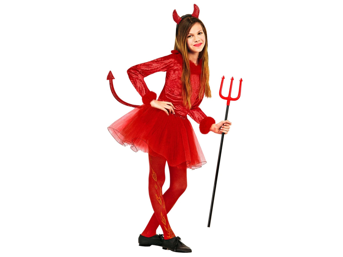 Costume diavolessa 128cm 5-7anni composto da body in finitura in piume, gonnellino con coda e corna in paiettes