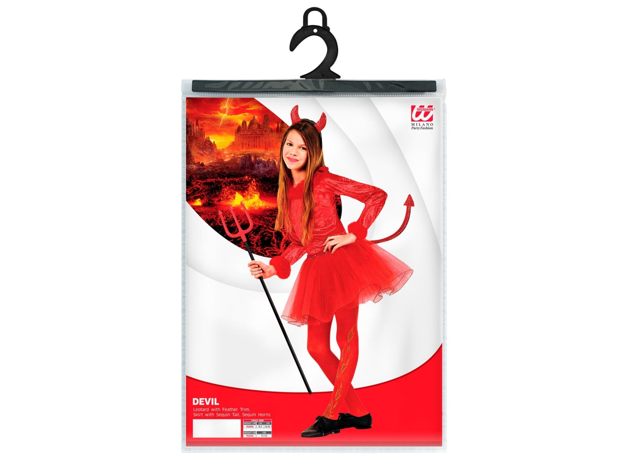 Costume diavolessa 128cm 5-7anni composto da body in finitura in piume, gonnellino con coda e corna in paiettes