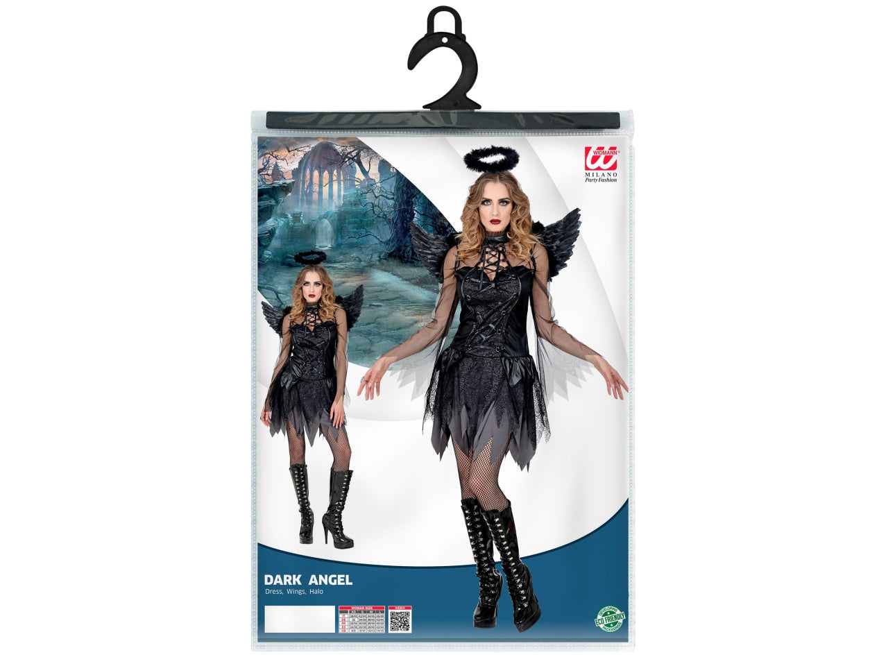 Costume angelo oscuro donna tg.S composto da vestito, ali e aureola
