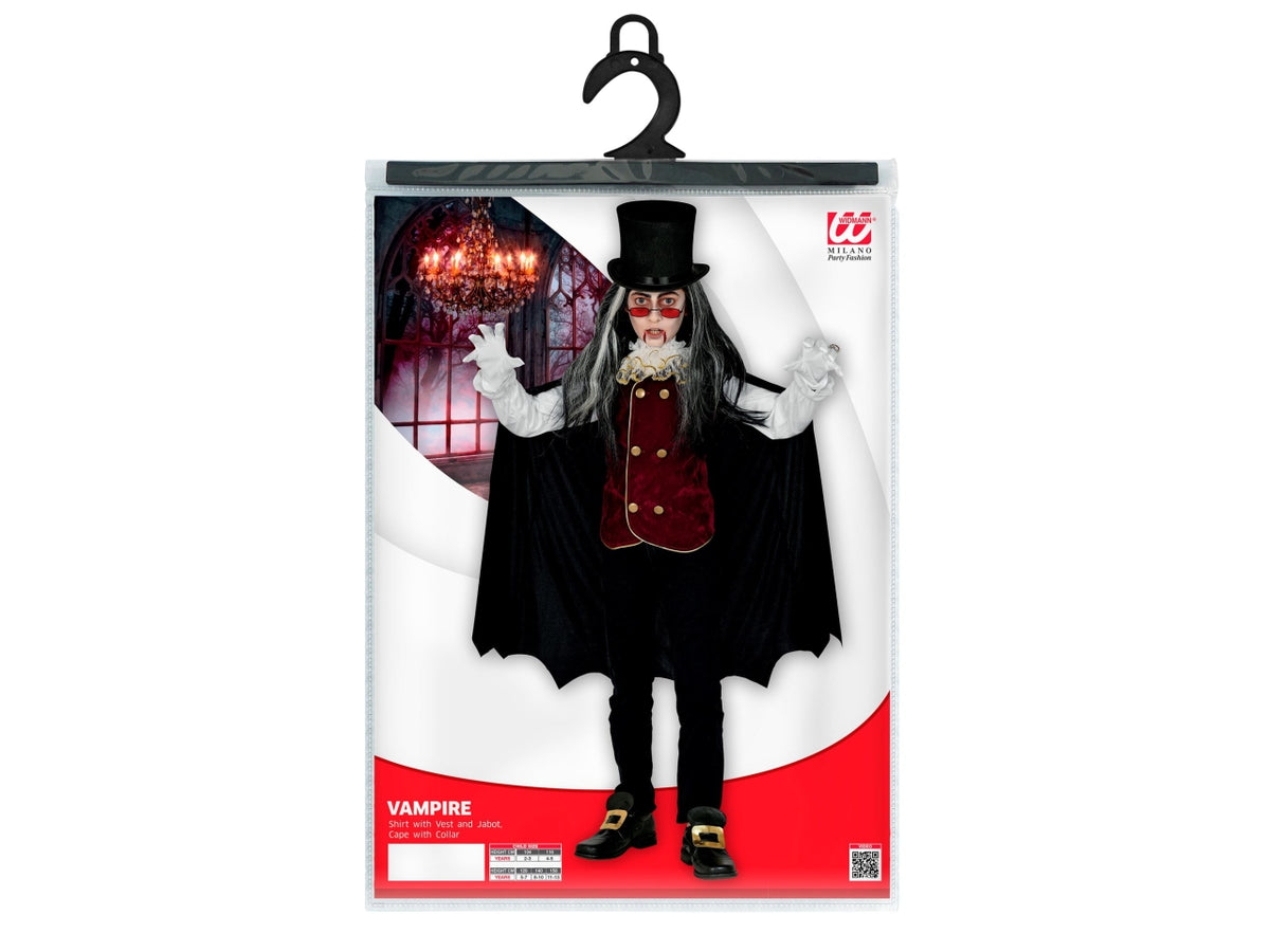 Costume vampiro 128cm 5-7anni composto da camicia con gilet, jabot e mantello con collare