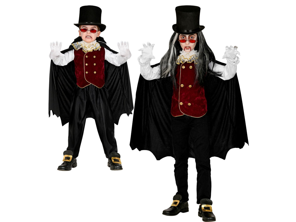 Costume vampiro 140cm 8-10anni composto da camicia con gilet, jabot e mantello con collare