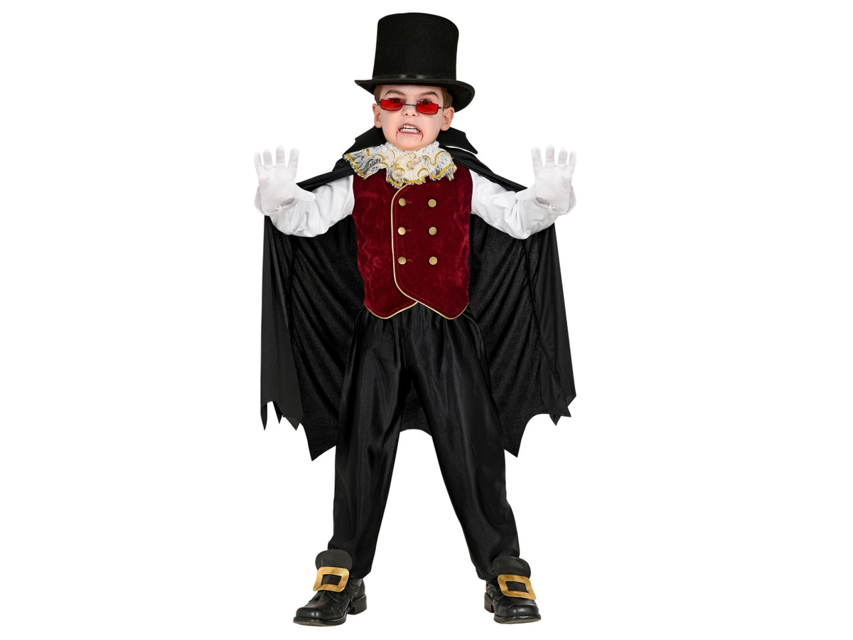 Costume vampiro 140cm 8-10anni composto da camicia con gilet, jabot e mantello con collare