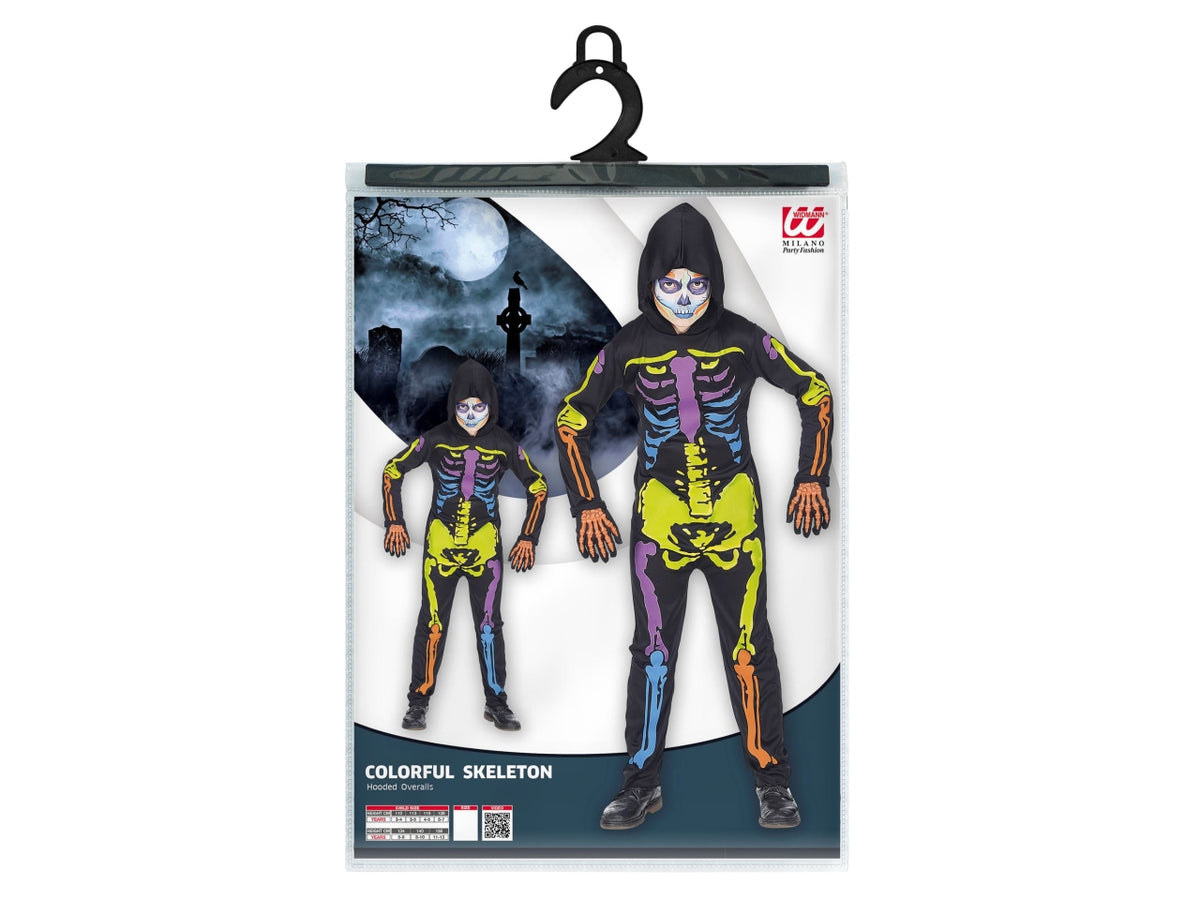 Costume scheletro colorato 116cm 4-5anni composto da tuta con cappuccio