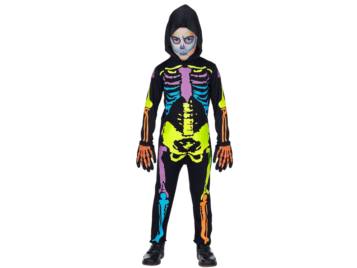 Costume scheletro colorato 116cm 4-5anni composto da tuta con cappuccio