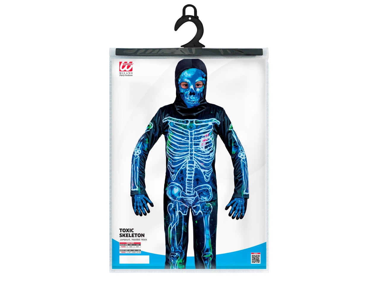 Costume scheletro tossico 104cm 2-3anni composto da tuta e maschera con cappuccio