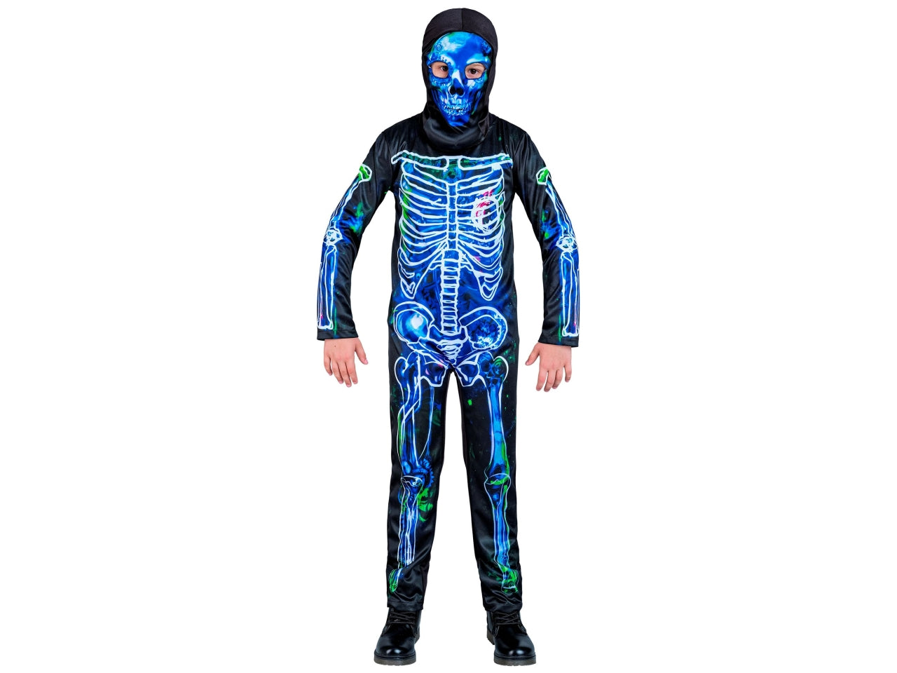Costume scheletro tossico 128cm 5-7anni composto da tuta e maschera con cappuccio