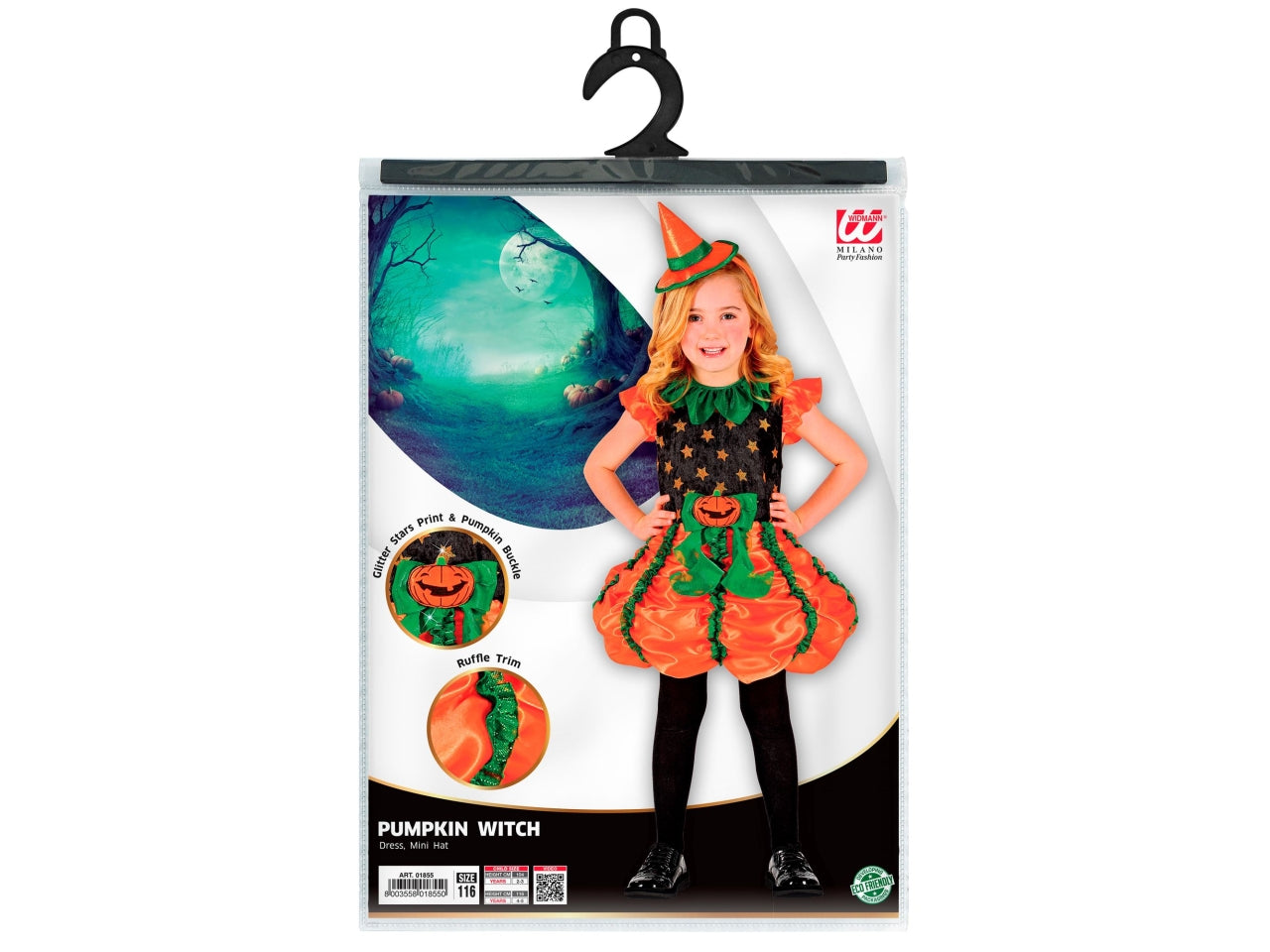 Costume strega zucca 116cm 4-5anni composto da vestito e mini cappello