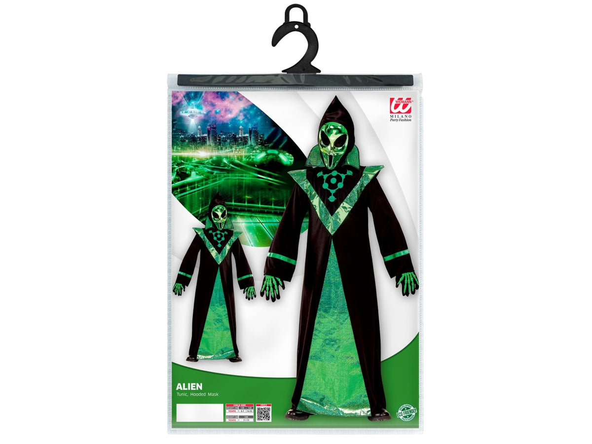 Costume alieno 128cm 5-7anni composto da tunica e maschera con cappuccio