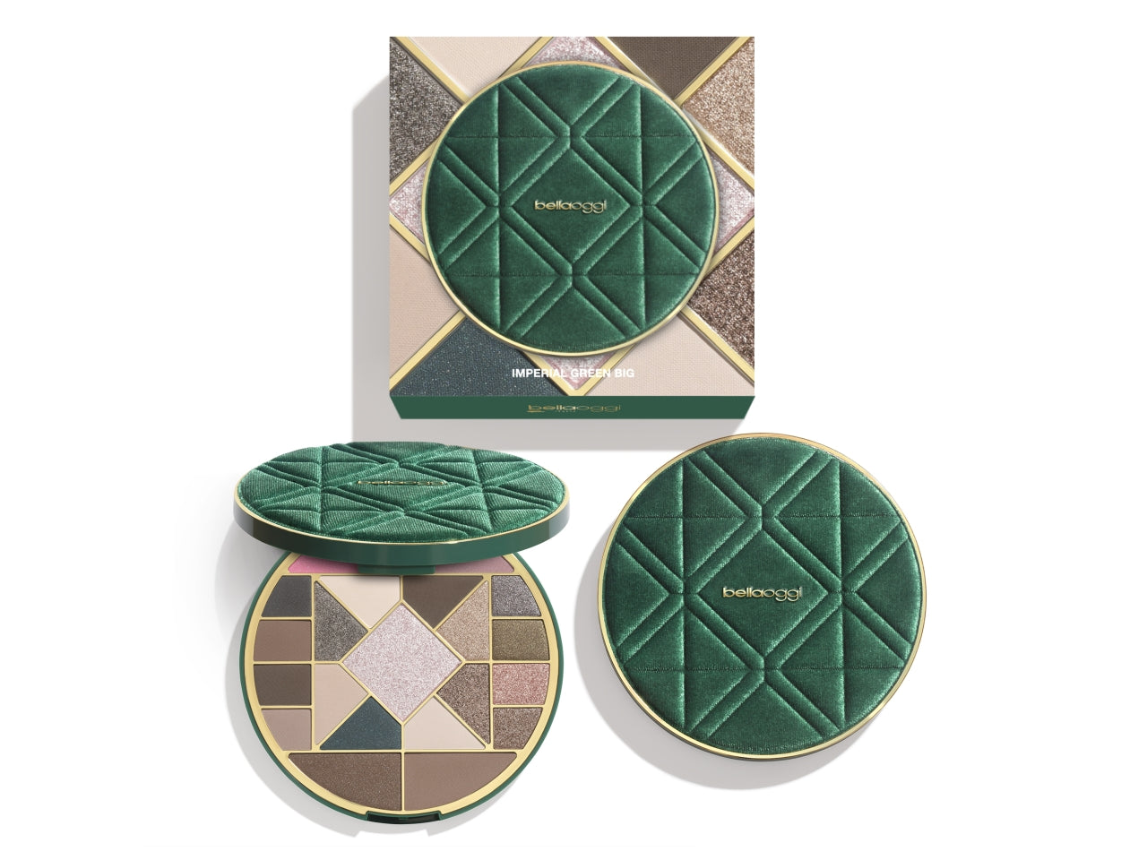 Bellaoggi imperial green palette large con 16 ombretti,1 illuminante, 2terre e 2 blush