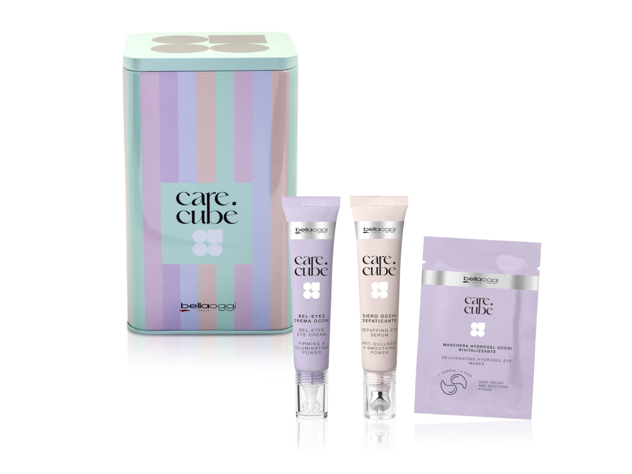Bellaoggi care cube git eye-care latta con crema contorno occhi, siero occhi defaticante e patch occhi defaticanti