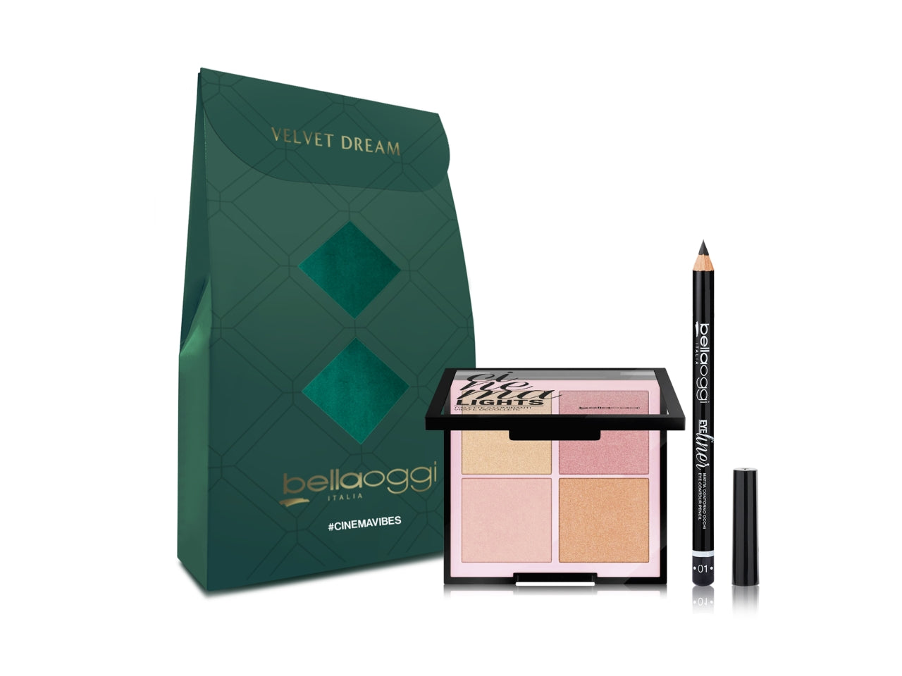Bellaoggi mini git cinema vibes confezione regalo con palette illuminante e matita occhi col.01