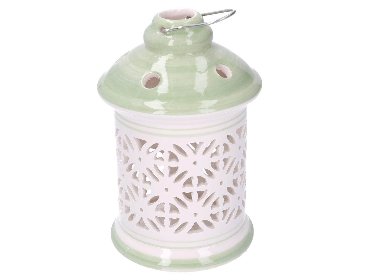 Lanterna in ceramica verde tonda d.11,5xh.17,5cm