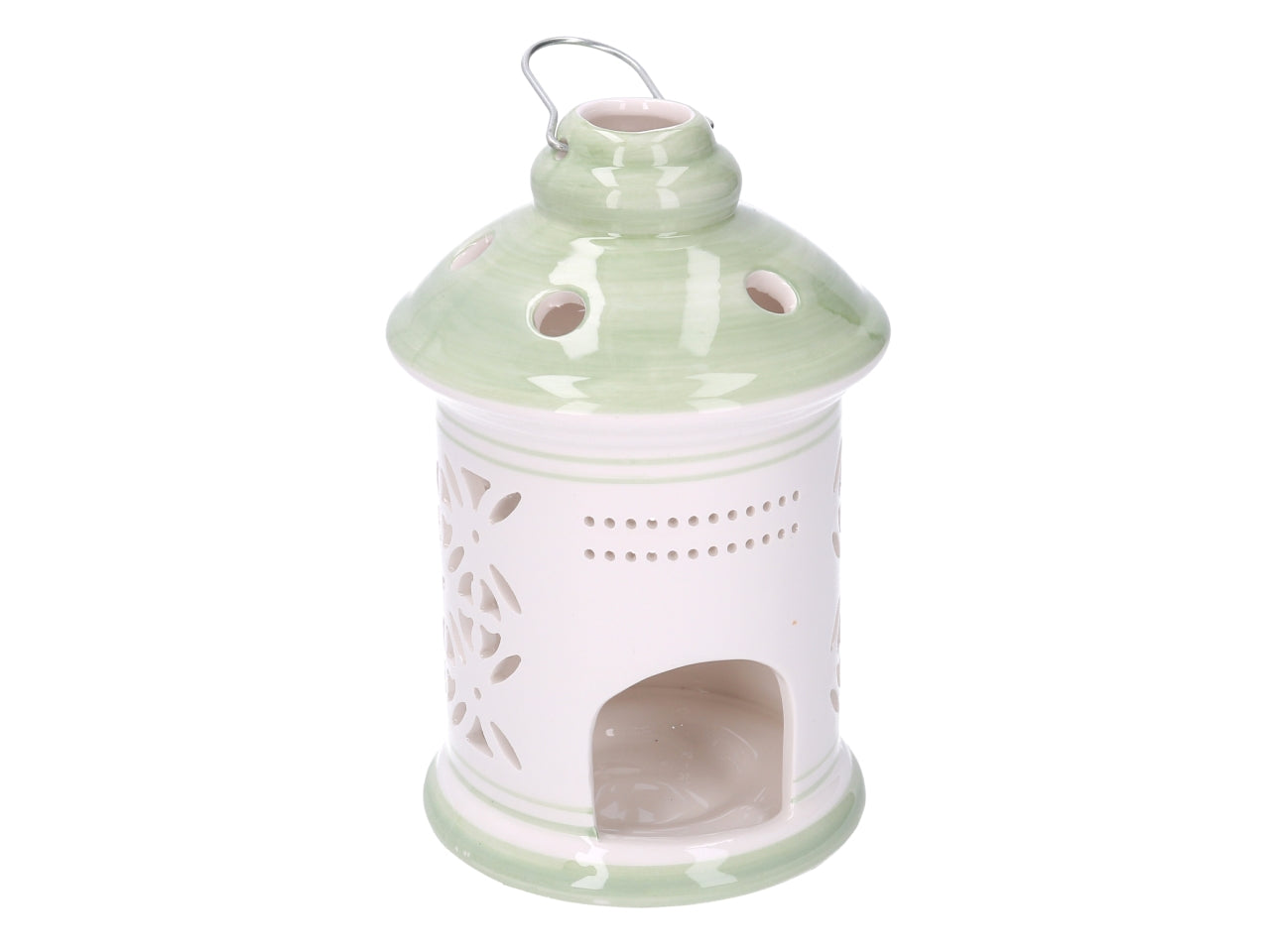 Lanterna in ceramica verde tonda d.11,5xh.17,5cm