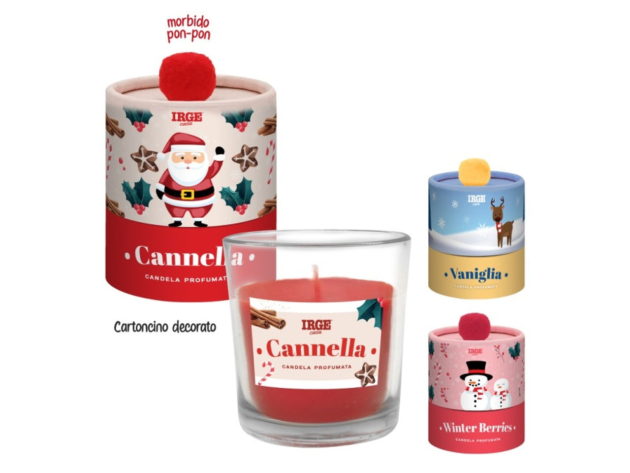 Candela pon pon in vasetto di vetro 100gr profumazioni assortite, cannella, winter berries e vaniglia
