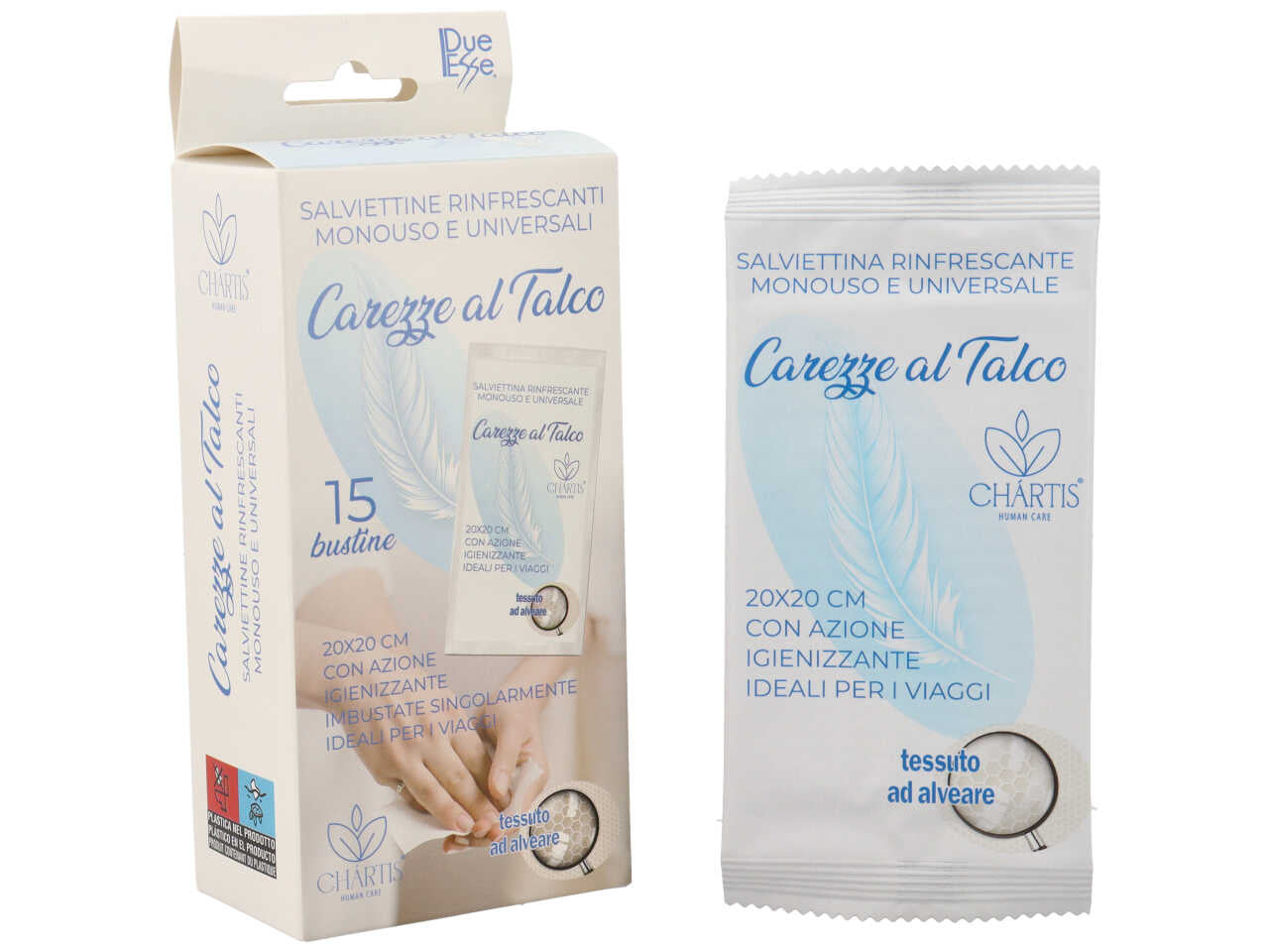 Salviettine monouso rinfrescanti al talco la confezione contiene 15 pezzi