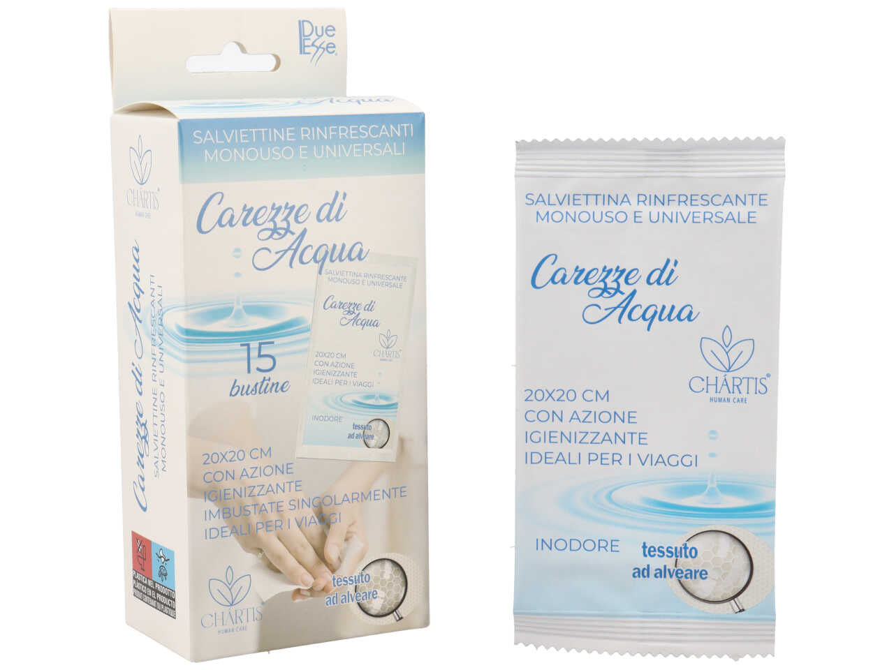 Salviettine monouso rinfrescanti acqua pura la confezione contiene 15 pezzi