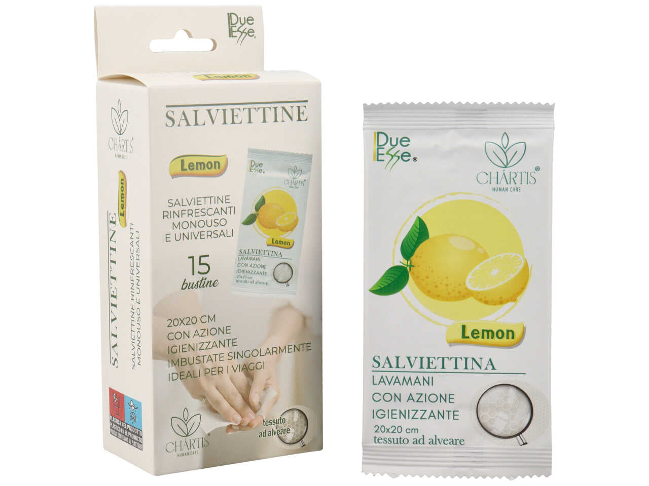 Salviettine monouso rinfrescanti al limone la confezione contiene 15 pezzi