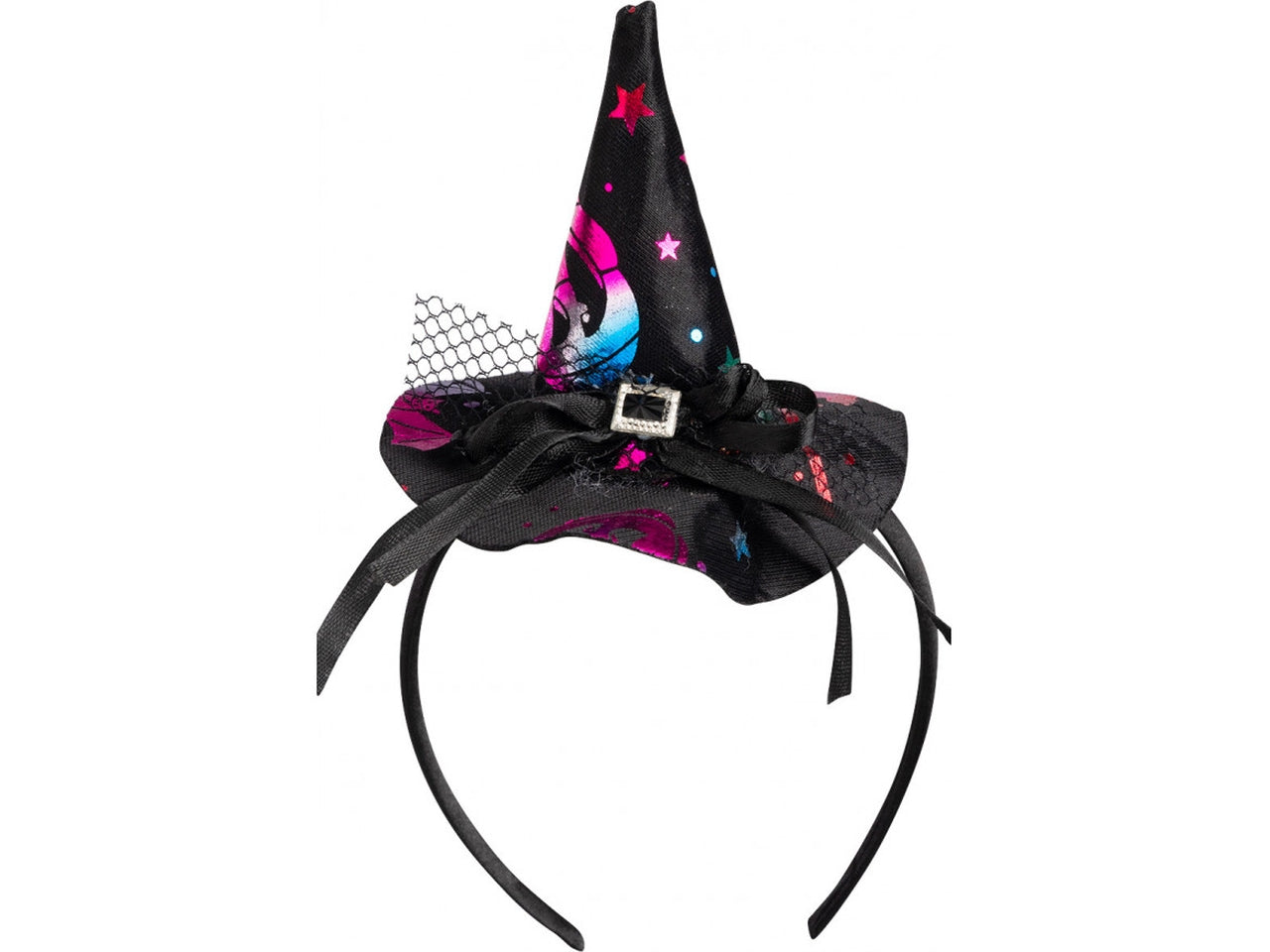 Cappellino strega nero con decorazioni multicolor con cerchietto h.9cm