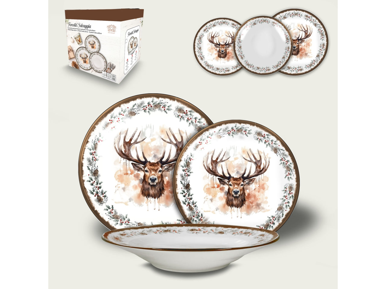 Servizio piatti 18 pezzi in ceramica con renna