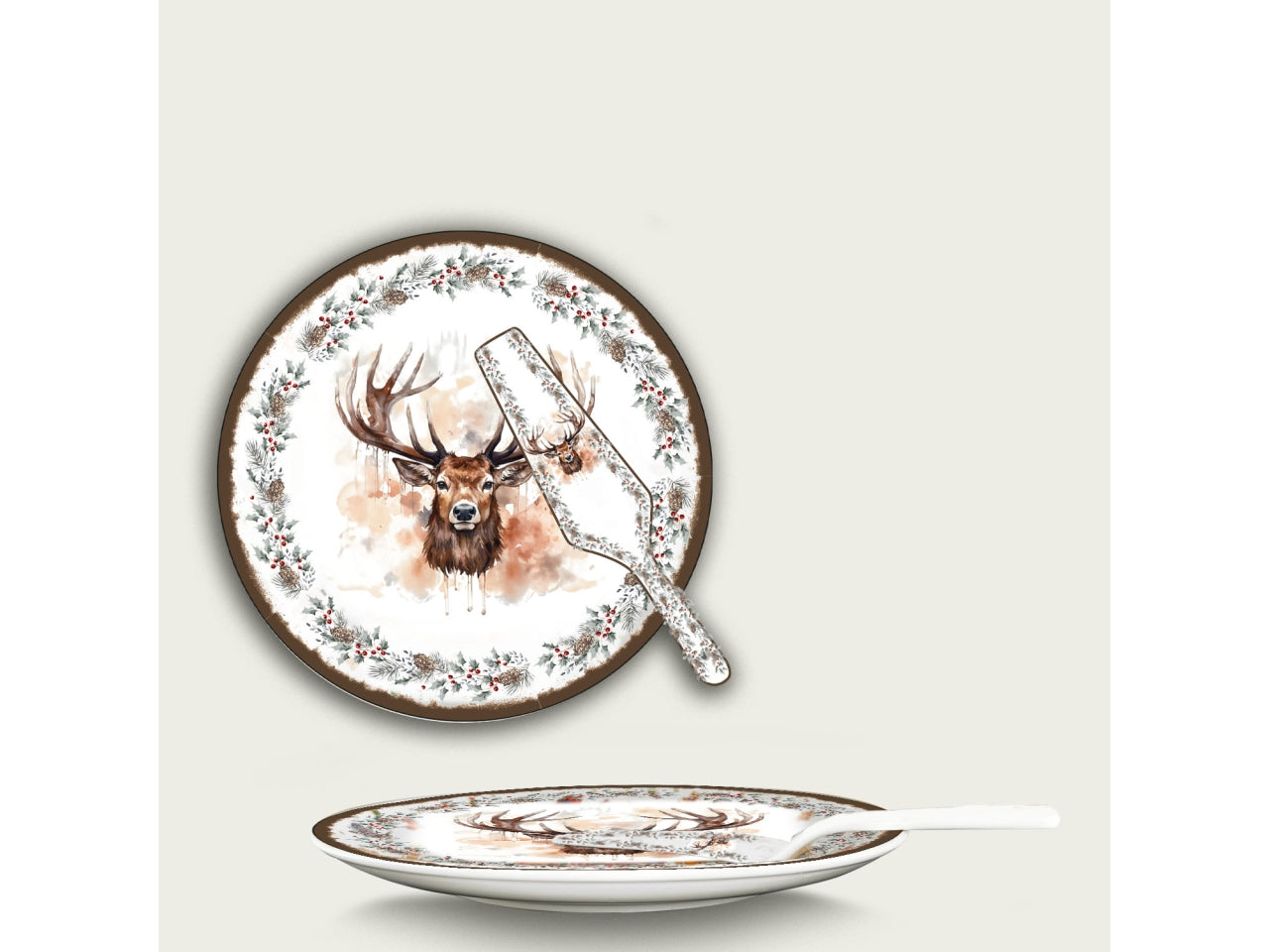 Piatto 30cm e paletta in ceramica con renna
