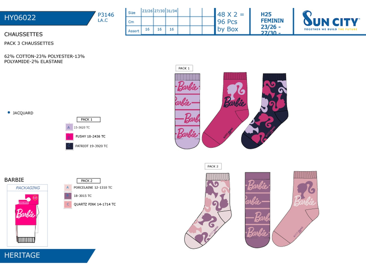 Barbie calzini dal 23/26 al 31/34 in confezione da 3 pezzi