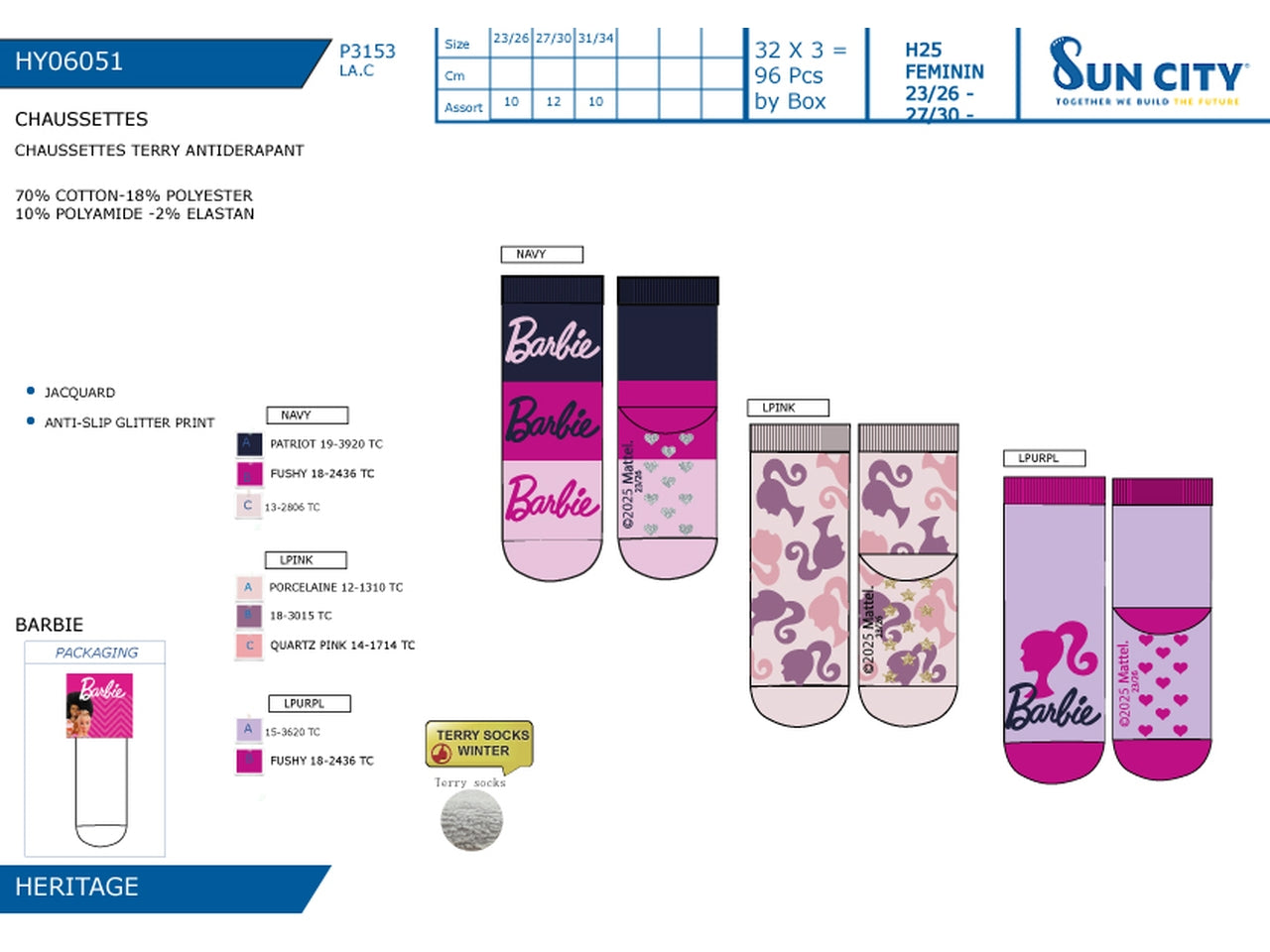 Barbie calzini terry antiscivolo dal 23/26 al 31/34 colori assortiti