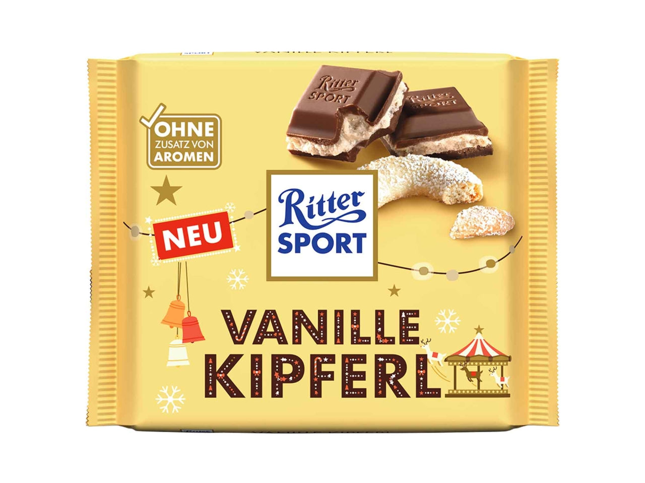 Ritter sport tavoletta 100gr vanille kipferl, cioccolato al latte ripieno con crema di mandorle e biscotto alla vaniglia