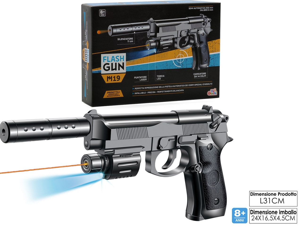 Pistola m19 flash gun c/laser/lu.