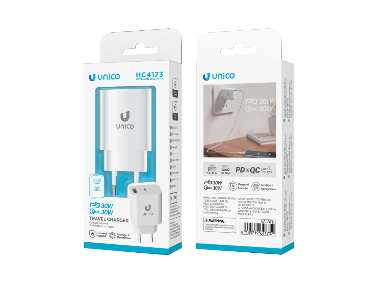 Caricatore Viaggio 2 Porte Type-C PD30W USB-A QC18W UnitÃ  singola bianca