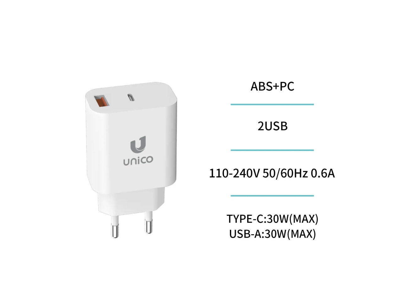 Caricatore Viaggio 2 Porte Type-C PD30W USB-A QC18W UnitÃ  singola bianca