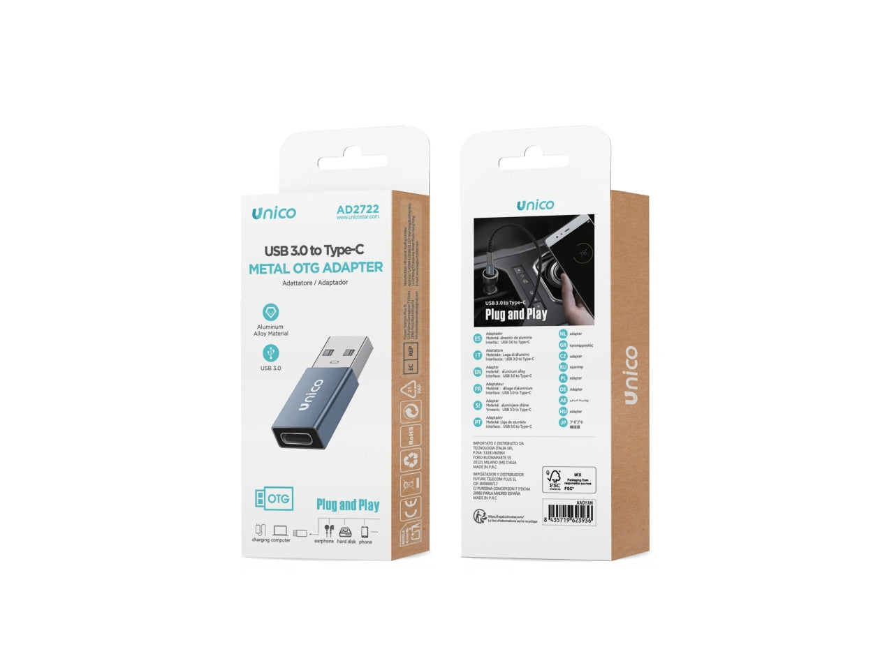 Adattatore Metallico USB3.0 Maschio a Tipo-C Femmina grigio canna di fucile