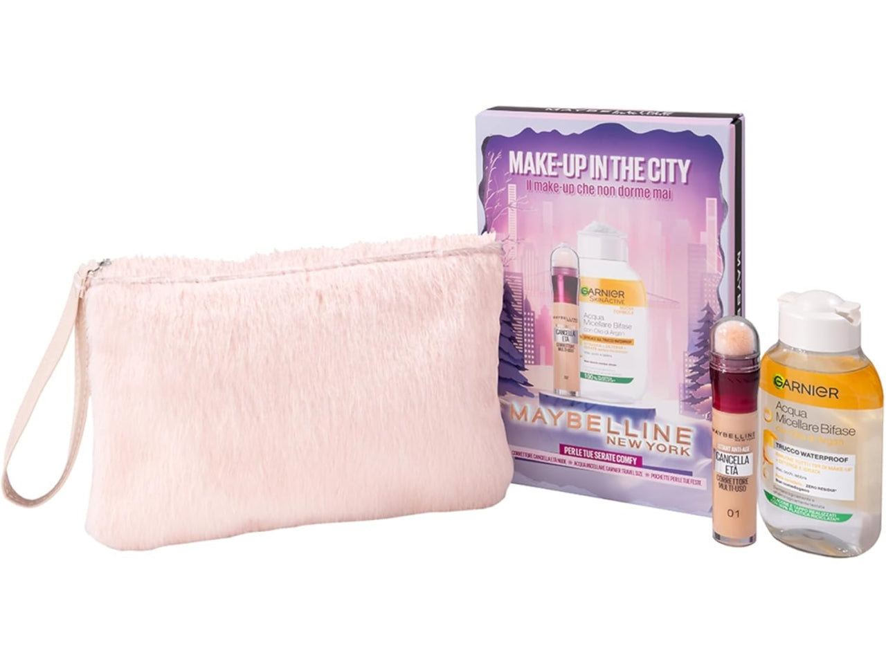 Mbeline New York cofanetto make-up con pochette, correttore cancella etÃ  01 e acqua micellare bifascia garnier travel size